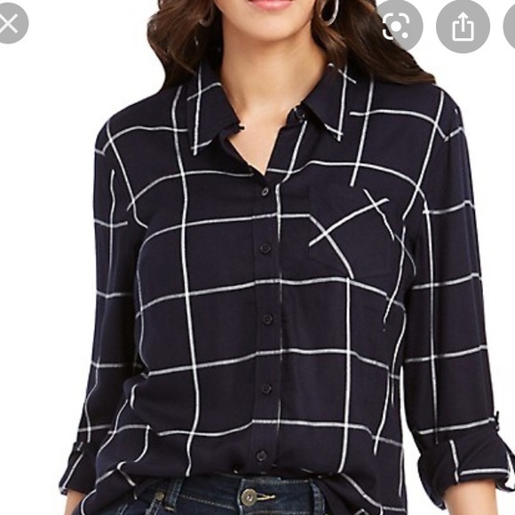 Petite M Navy Windowpane Plaid Check Shirt NWT - Picture 2 of 15